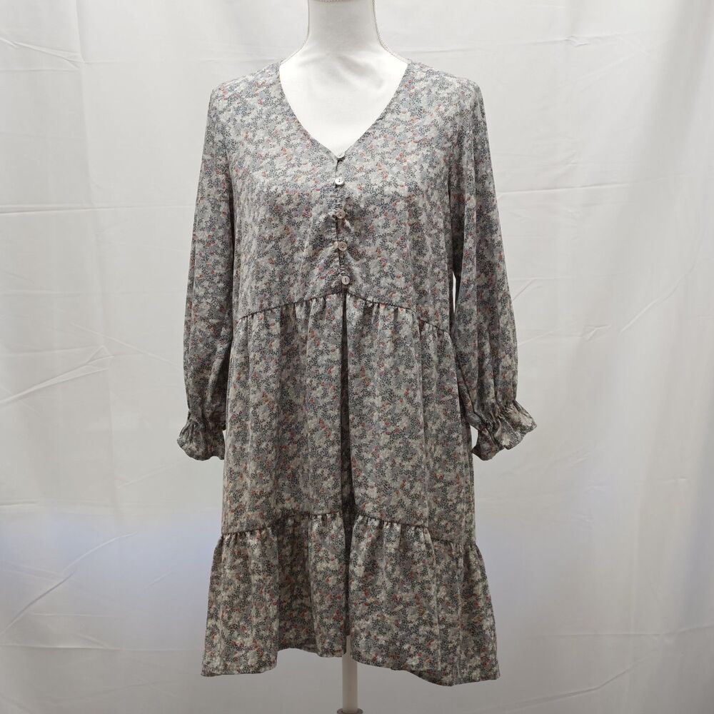 Jodifl Dress Womens S Gray Floral Cottagecore Tiered Ruffle Long Sleeve V Neck